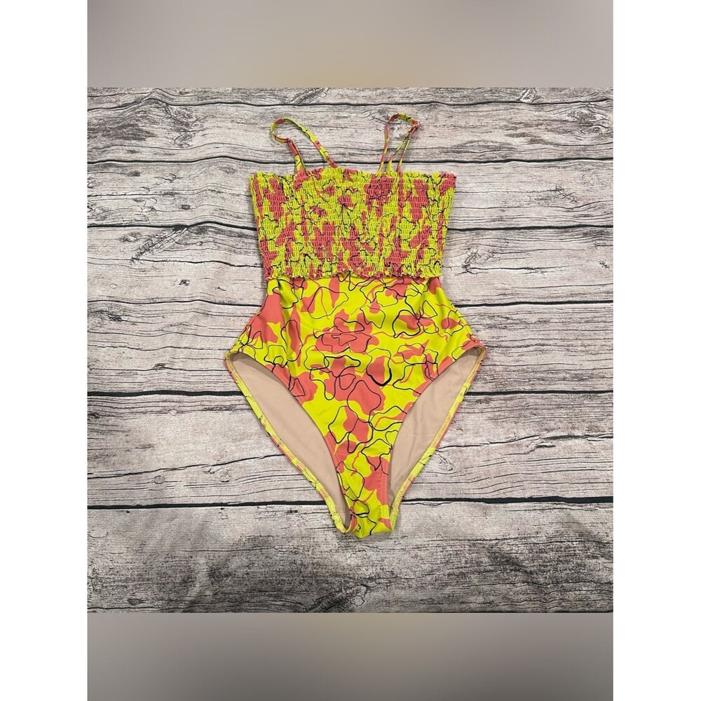 Tanya Taylor Yellow & Coral Smocked One-Piece Swimsuit with Adjustable Straps XS